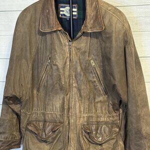 Vintage Bugle Boy Men’s Leather Bomber Jacket L Brown Genuine Leather 1990s